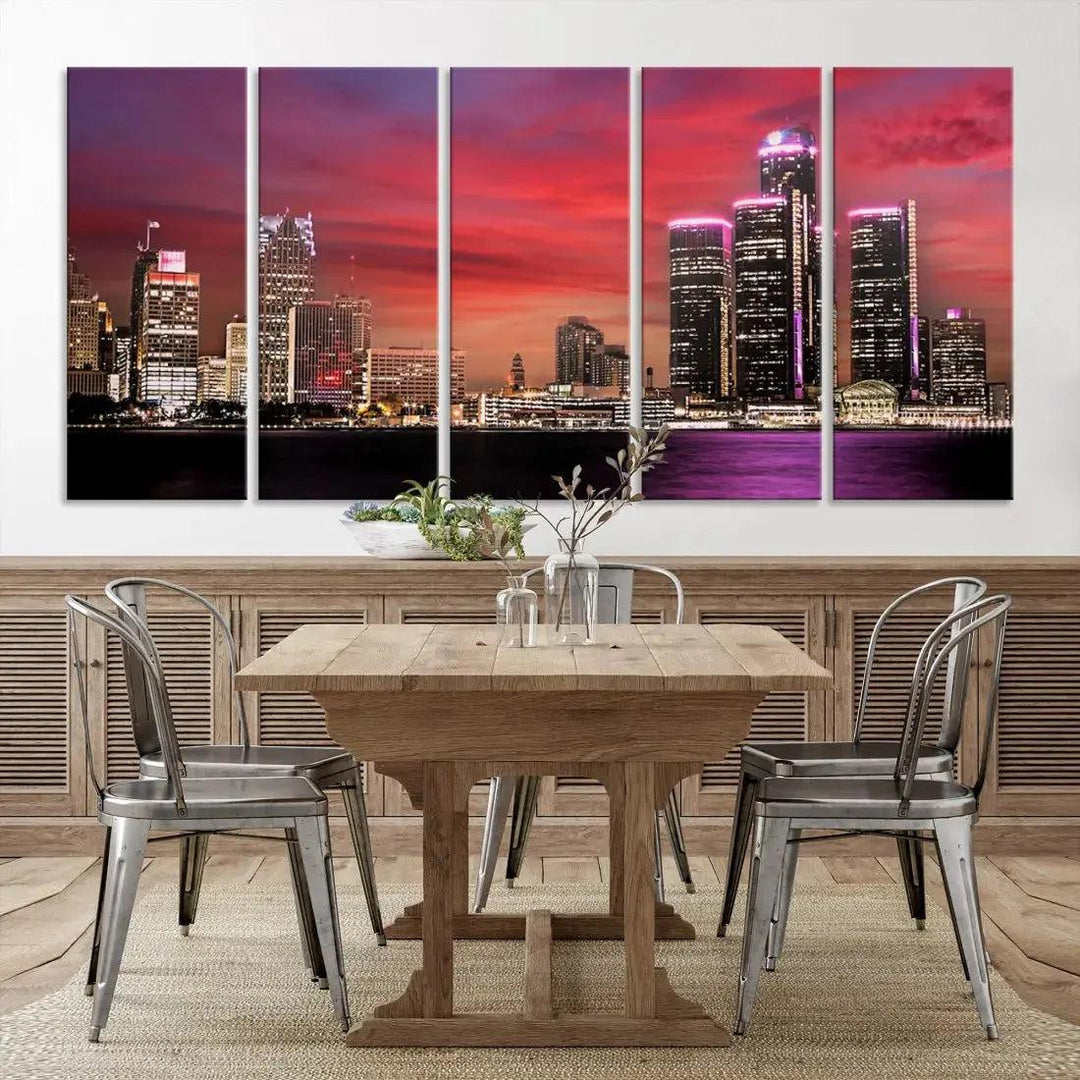 Detroit Red Purple Sky Sunset Skyline Cityscape Wall Art Canvas Print