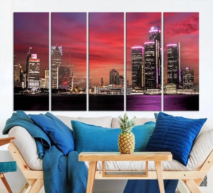 Detroit Red Purple Sky Sunset Skyline Cityscape Wall Art Canvas Print