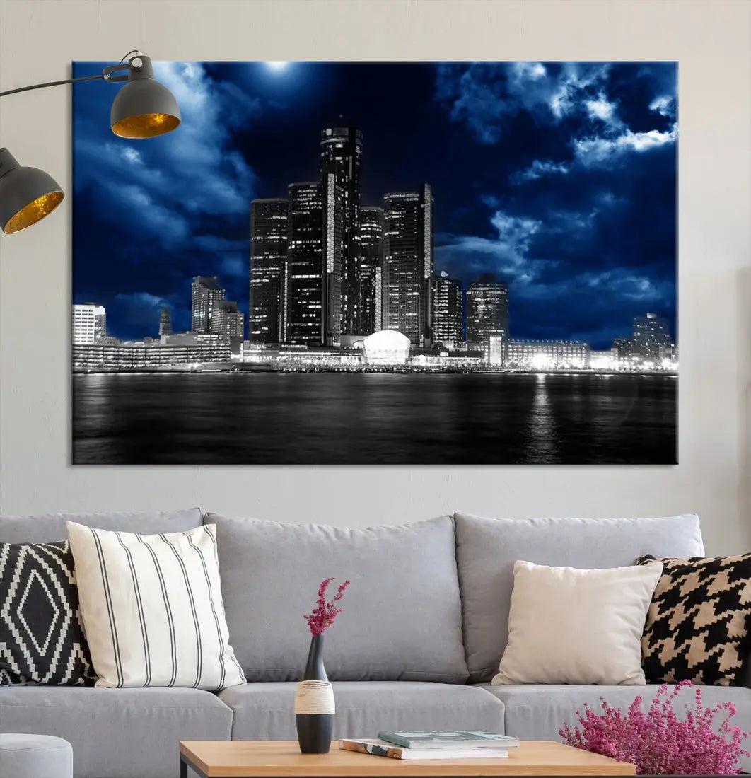 Detroit Skyline Stormy Night Blue Weather Cityscape Wall Art Canvas Print