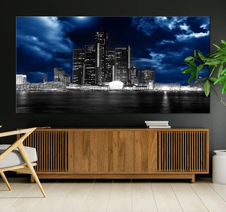 Detroit Skyline Stormy Night Blue Weather Cityscape Wall Art Canvas Print