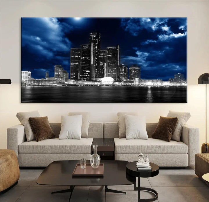 Detroit Skyline Stormy Night Blue Weather Cityscape Wall Art Canvas Print