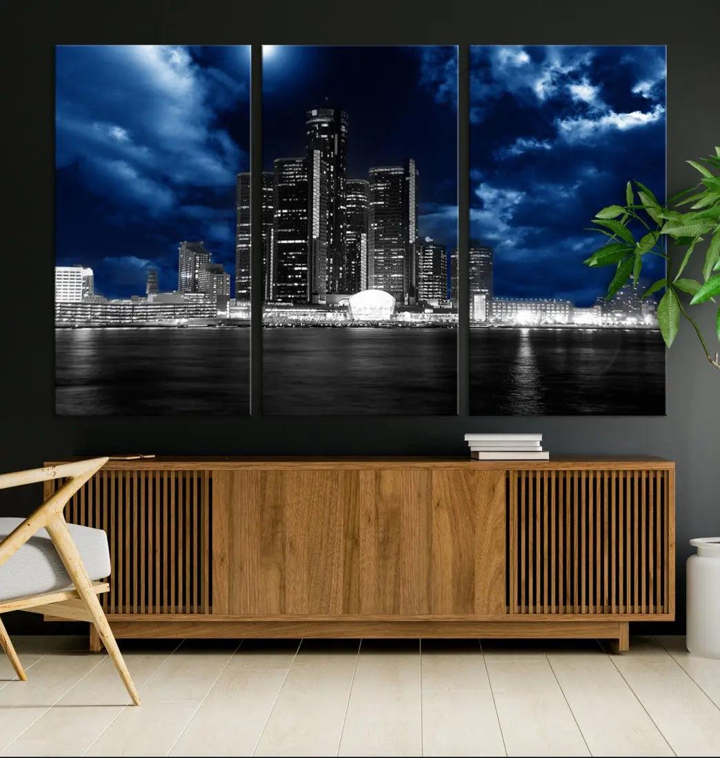 Detroit Skyline Stormy Night Blue Weather Cityscape Wall Art Canvas Print