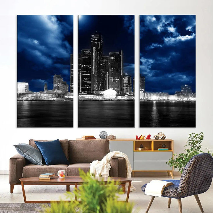 Detroit Skyline Stormy Night Blue Weather Cityscape Wall Art Canvas Print