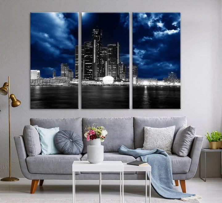 Detroit Skyline Stormy Night Blue Weather Cityscape Wall Art Canvas Print