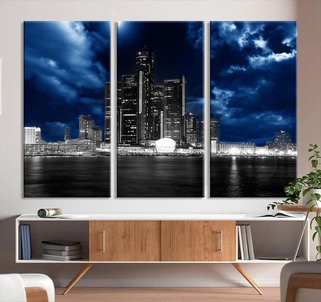 Detroit Skyline Stormy Night Blue Weather Cityscape Wall Art Canvas Print