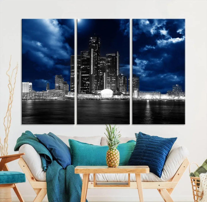 Detroit Skyline Stormy Night Blue Weather Cityscape Wall Art Canvas Print