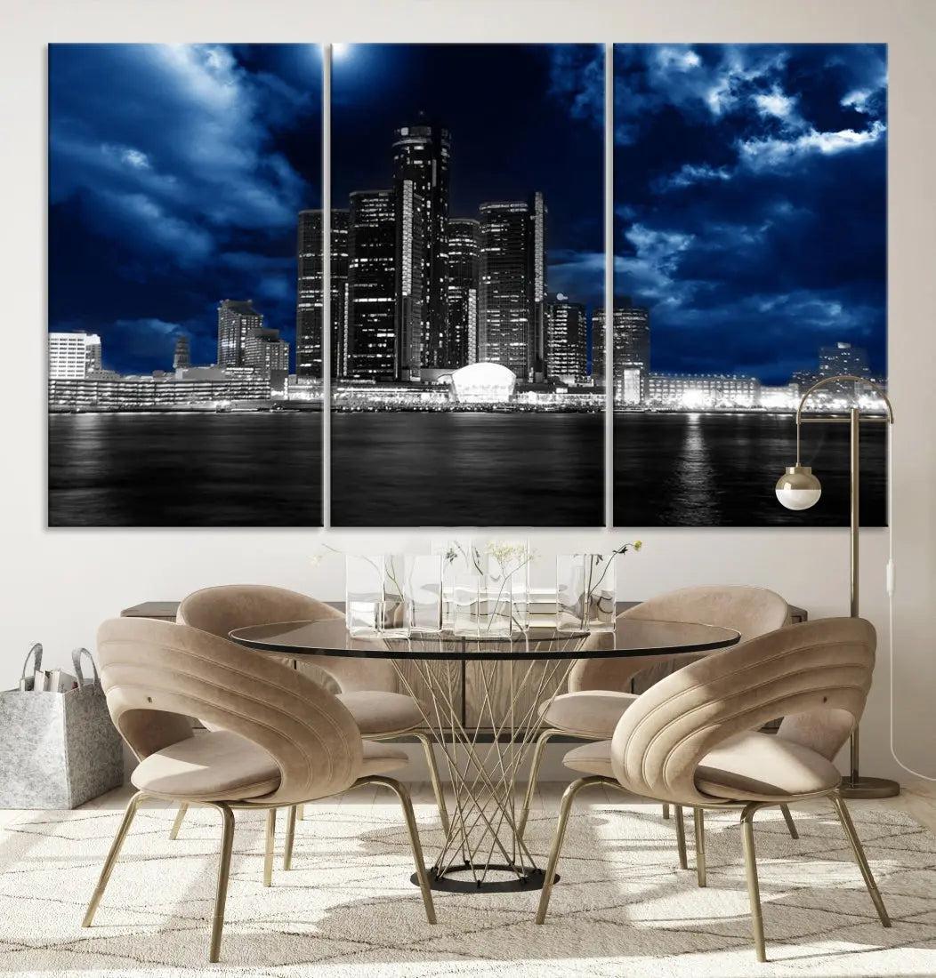 Detroit Skyline Stormy Night Blue Weather Cityscape Wall Art Canvas Print