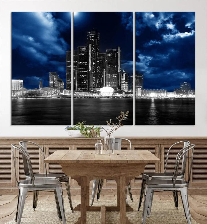 Detroit Skyline Stormy Night Blue Weather Cityscape Wall Art Canvas Print