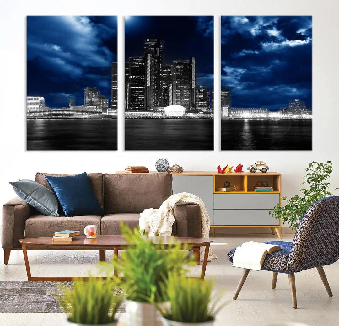 Detroit Skyline Stormy Night Blue Weather Cityscape Wall Art Canvas Print