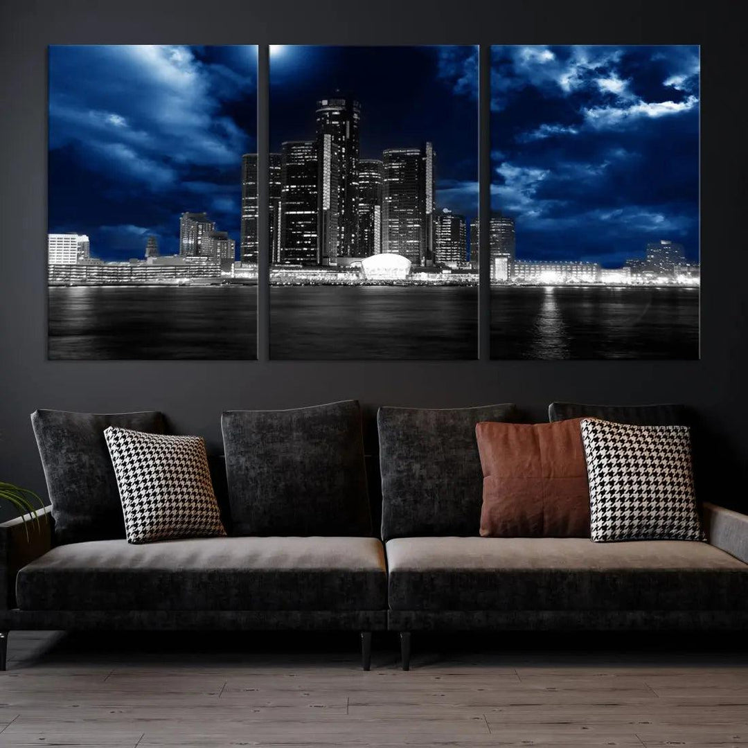 Detroit Skyline Stormy Night Blue Weather Cityscape Wall Art Canvas Print