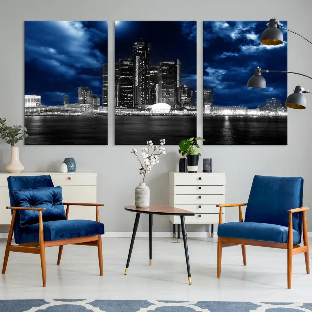 Detroit Skyline Stormy Night Blue Weather Cityscape Wall Art Canvas Print