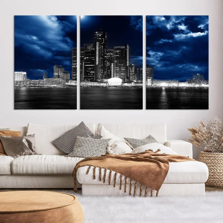 Detroit Skyline Stormy Night Blue Weather Cityscape Wall Art Canvas Print