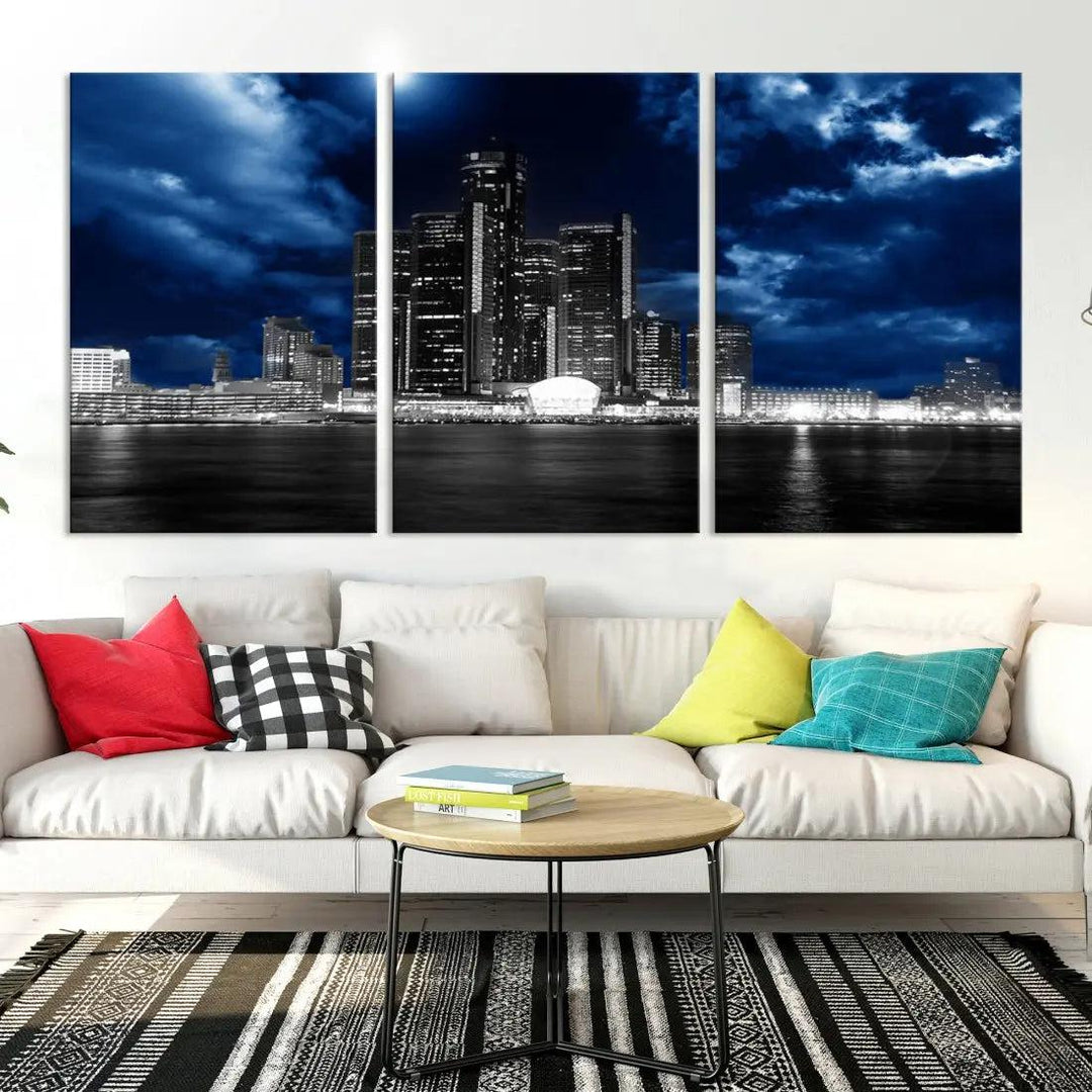 Detroit Skyline Stormy Night Blue Weather Cityscape Wall Art Canvas Print