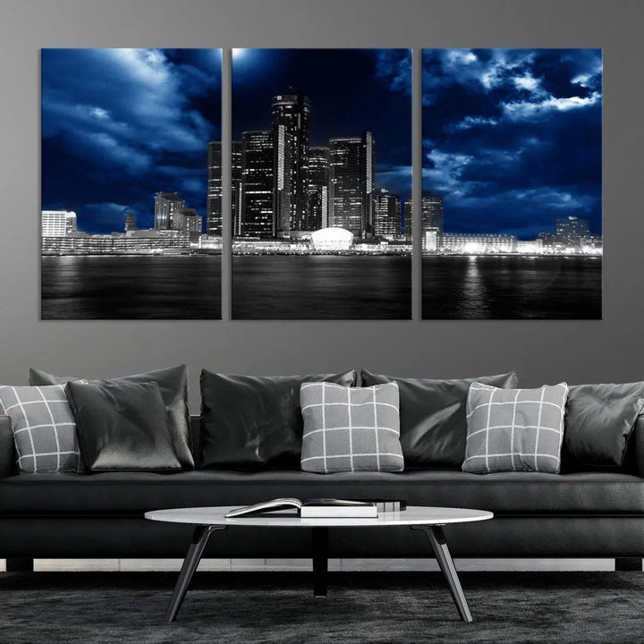 Detroit Skyline Stormy Night Blue Weather Cityscape Wall Art Canvas Print