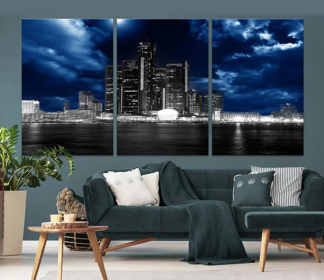 Detroit Skyline Stormy Night Blue Weather Cityscape Wall Art Canvas Print