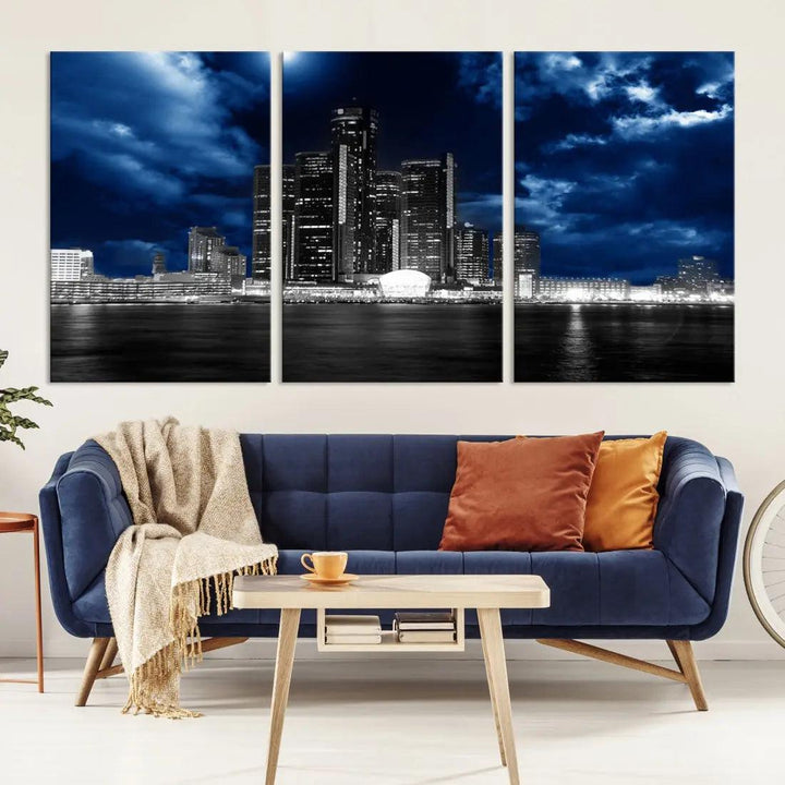 Detroit Skyline Stormy Night Blue Weather Cityscape Wall Art Canvas Print