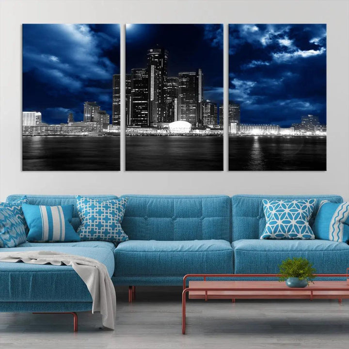 Detroit Skyline Stormy Night Blue Weather Cityscape Wall Art Canvas Print