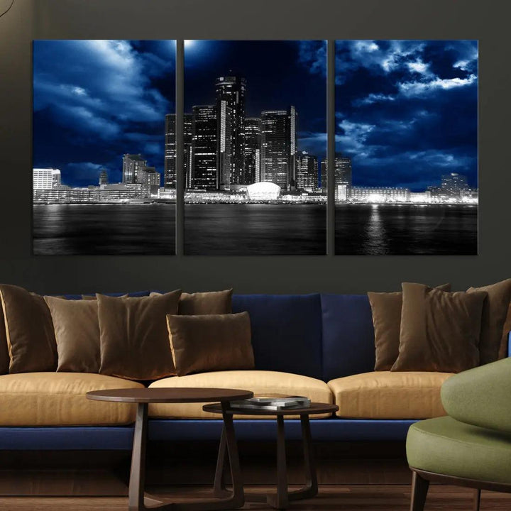 Detroit Skyline Stormy Night Blue Weather Cityscape Wall Art Canvas Print