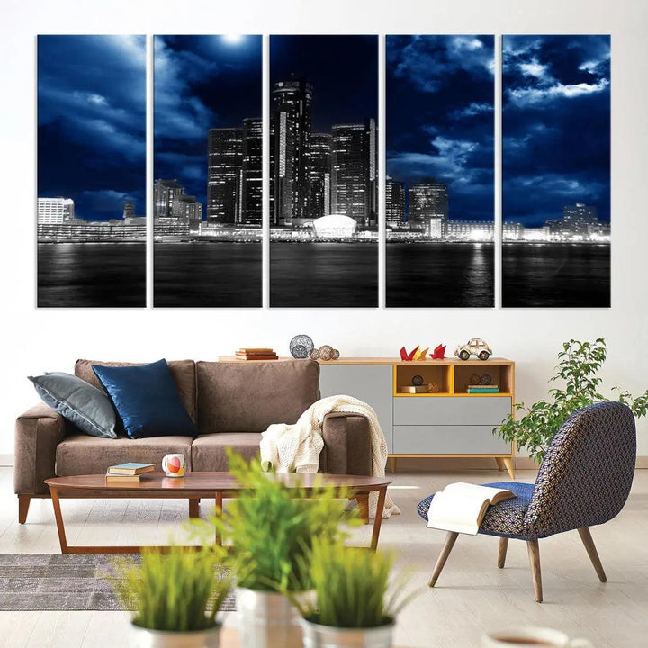 Detroit Skyline Stormy Night Blue Weather Cityscape Wall Art Canvas Print