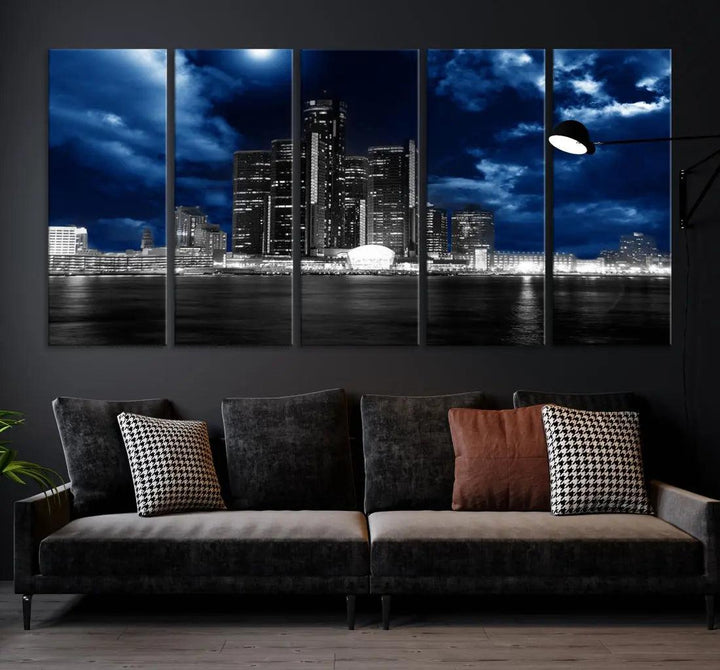 Detroit Skyline Stormy Night Blue Weather Cityscape Wall Art Canvas Print