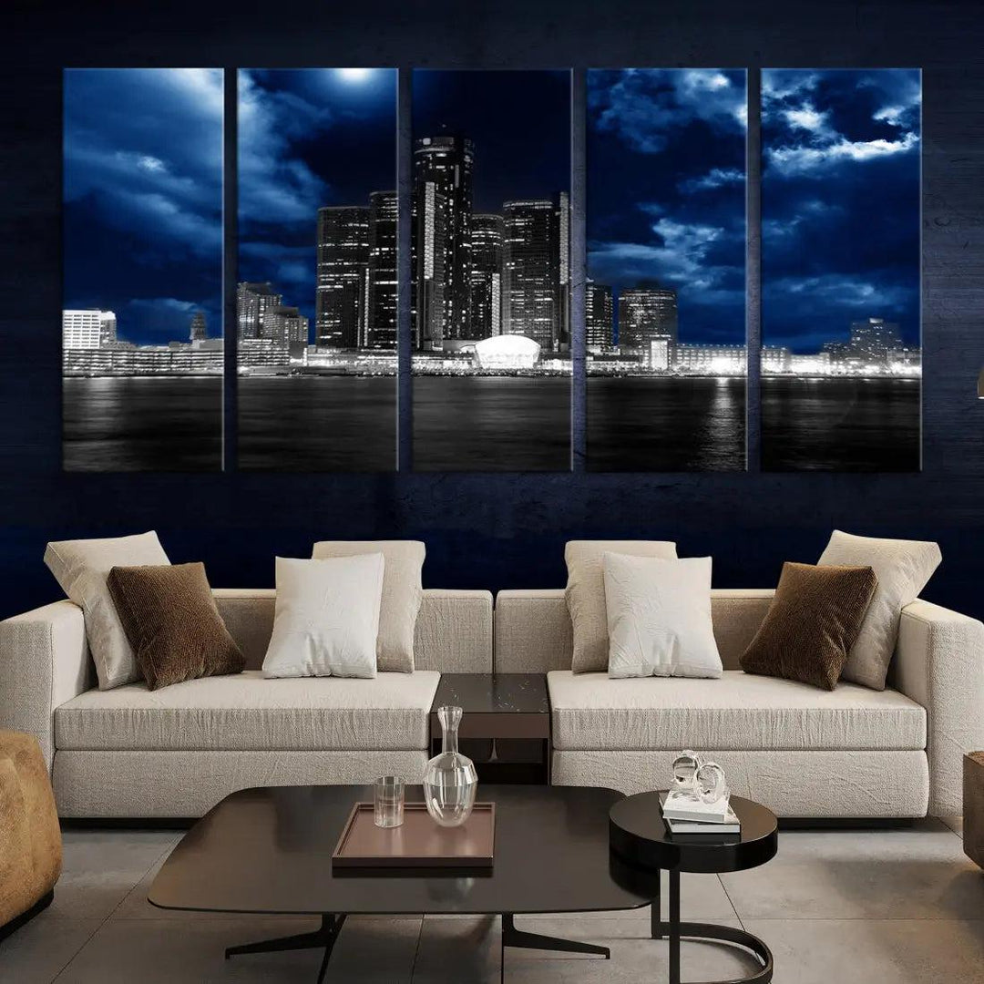 Detroit Skyline Stormy Night Blue Weather Cityscape Wall Art Canvas Print