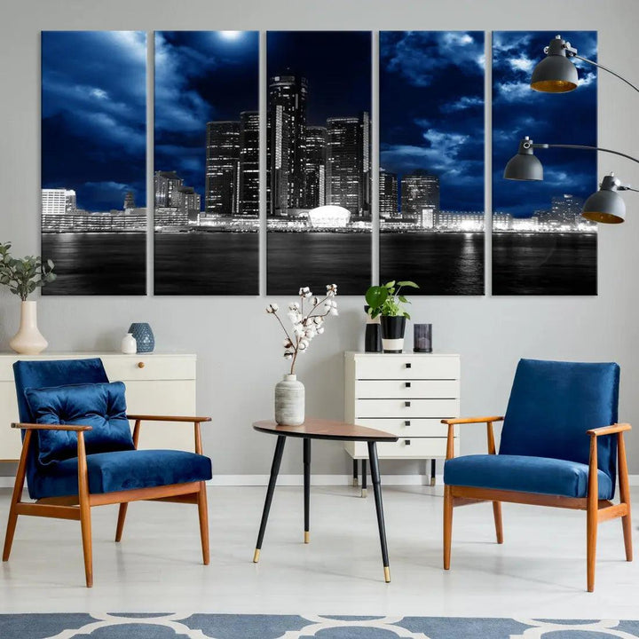 Detroit Skyline Stormy Night Blue Weather Cityscape Wall Art Canvas Print