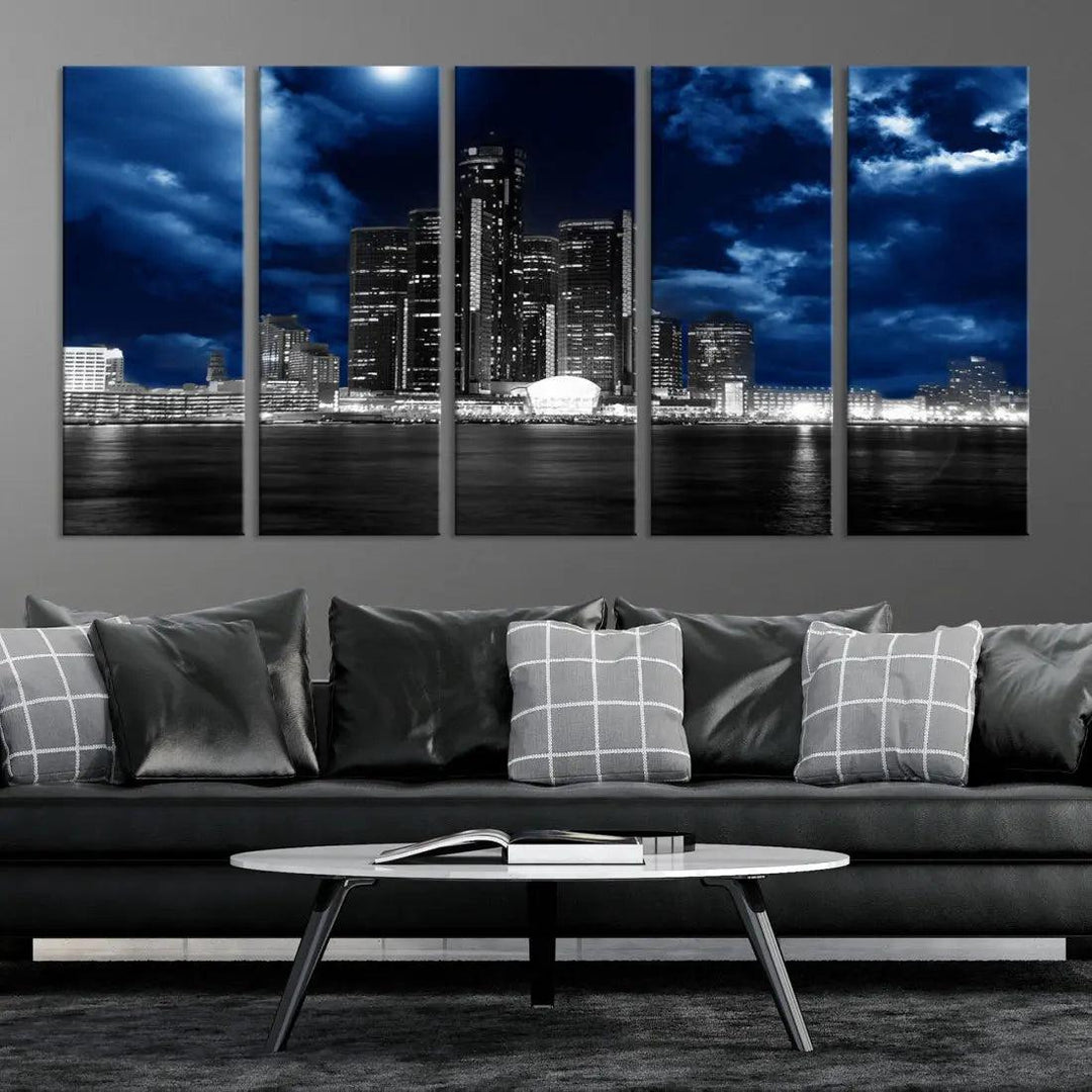 Detroit Skyline Stormy Night Blue Weather Cityscape Wall Art Canvas Print