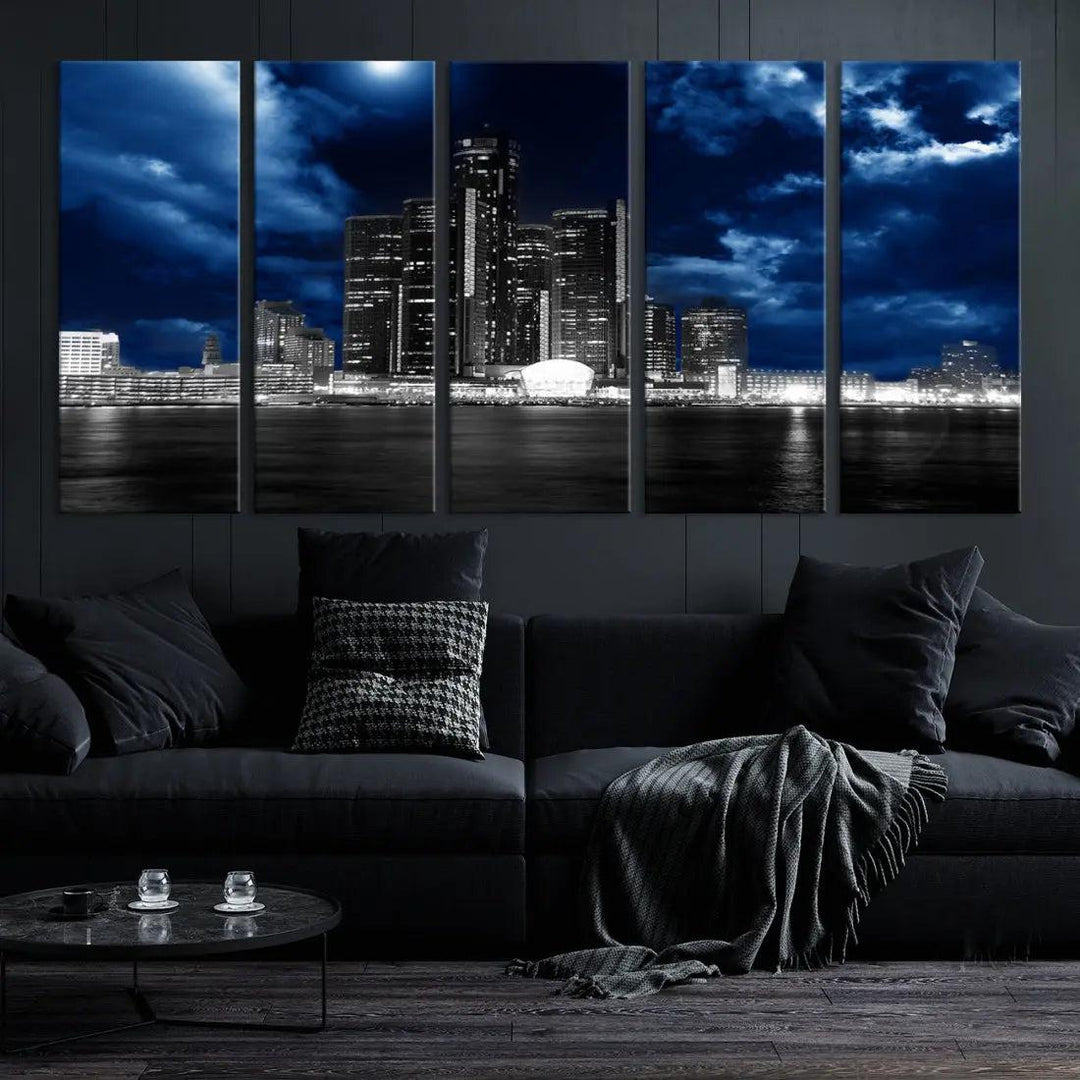 Detroit Skyline Stormy Night Blue Weather Cityscape Wall Art Canvas Print