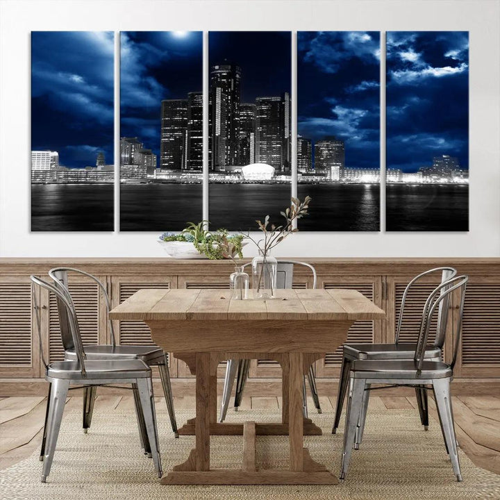 Detroit Skyline Stormy Night Blue Weather Cityscape Wall Art Canvas Print