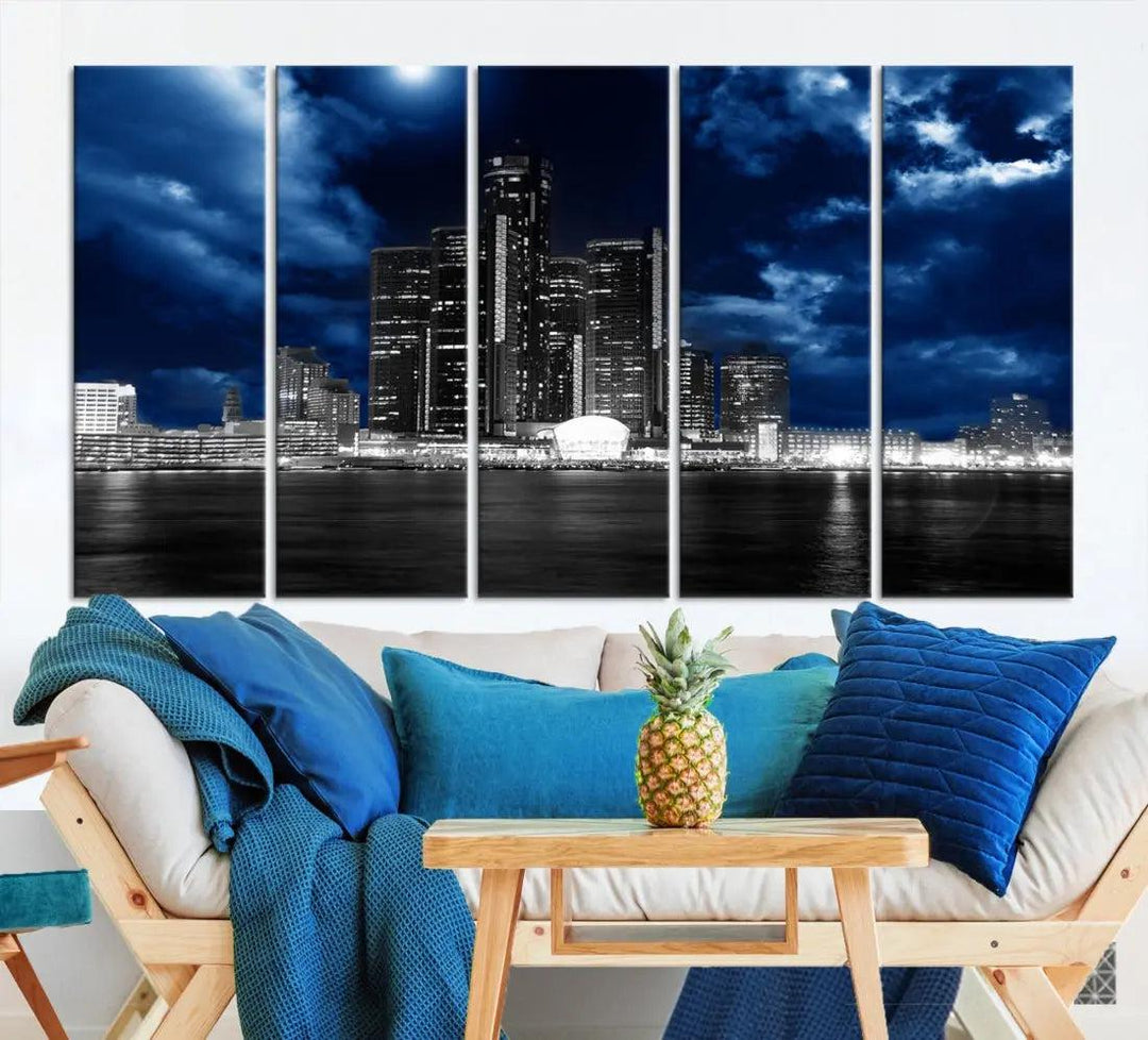 Detroit Skyline Stormy Night Blue Weather Cityscape Wall Art Canvas Print