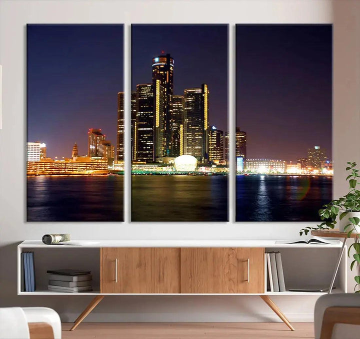 Detroit Skyscrapers Night City Lights Cityscape Wall Art Skyline Canvas Print