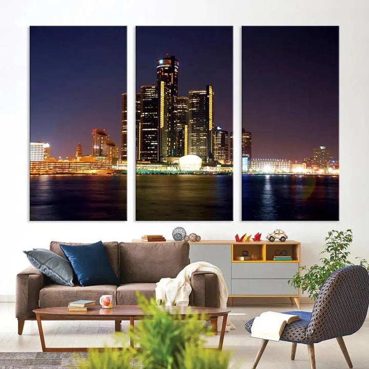 Detroit Skyscrapers Night City Lights Cityscape Wall Art Skyline Canvas Print