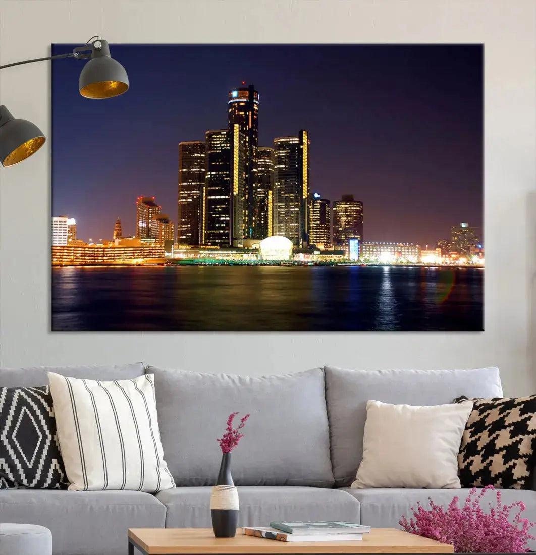 Detroit Skyscrapers Night City Lights Cityscape Wall Art Skyline Canvas Print