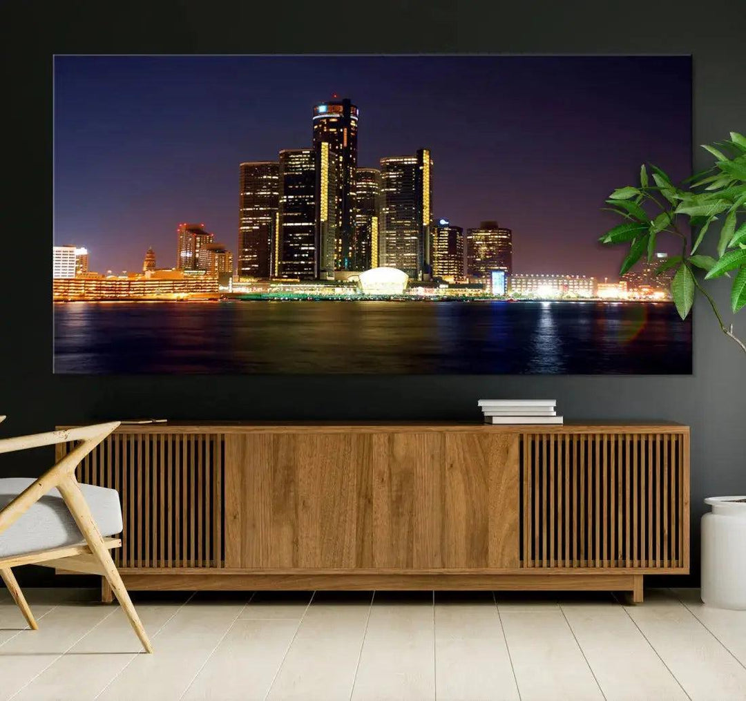 Detroit Skyscrapers Night City Lights Cityscape Wall Art Skyline Canvas Print