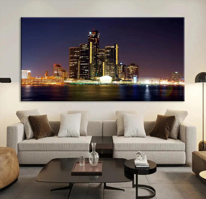 Detroit Skyscrapers Night City Lights Cityscape Wall Art Skyline Canvas Print