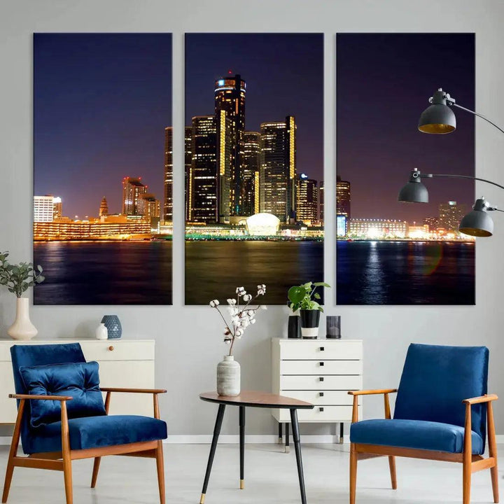 Detroit Skyscrapers Night City Lights Cityscape Wall Art Skyline Canvas Print