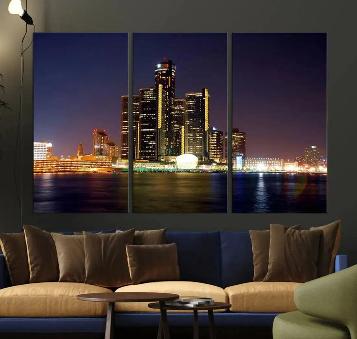 Detroit Skyscrapers Night City Lights Cityscape Wall Art Skyline Canvas Print