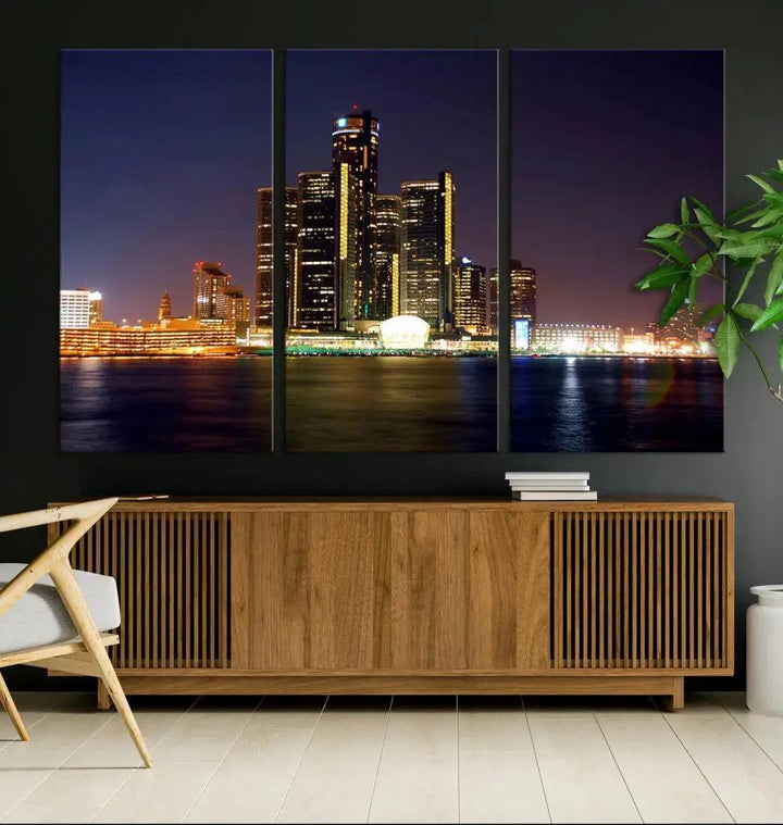 Detroit Skyscrapers Night City Lights Cityscape Wall Art Skyline Canvas Print