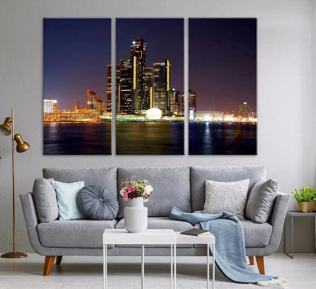 Detroit Skyscrapers Night City Lights Cityscape Wall Art Skyline Canvas Print