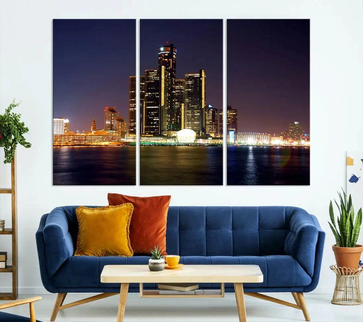 Detroit Skyscrapers Night City Lights Cityscape Wall Art Skyline Canvas Print