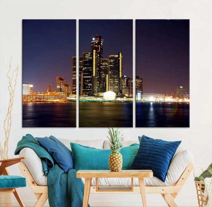 Detroit Skyscrapers Night City Lights Cityscape Wall Art Skyline Canvas Print