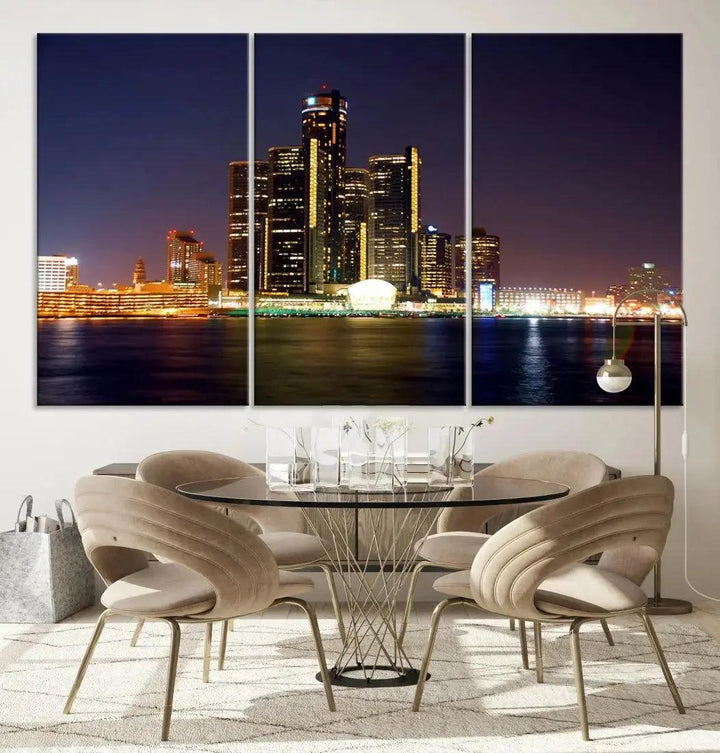 Detroit Skyscrapers Night City Lights Cityscape Wall Art Skyline Canvas Print