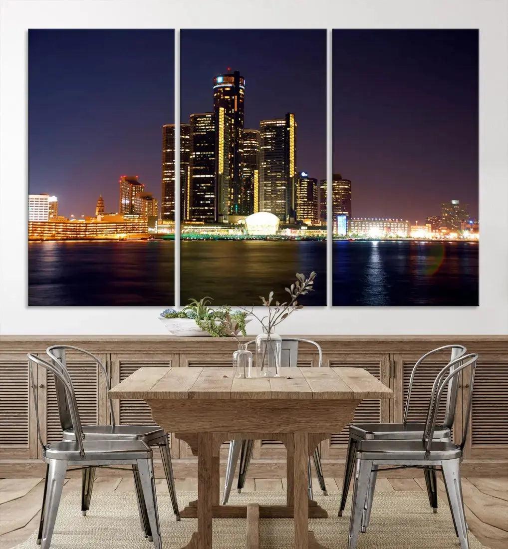 Detroit Skyscrapers Night City Lights Cityscape Wall Art Skyline Canvas Print