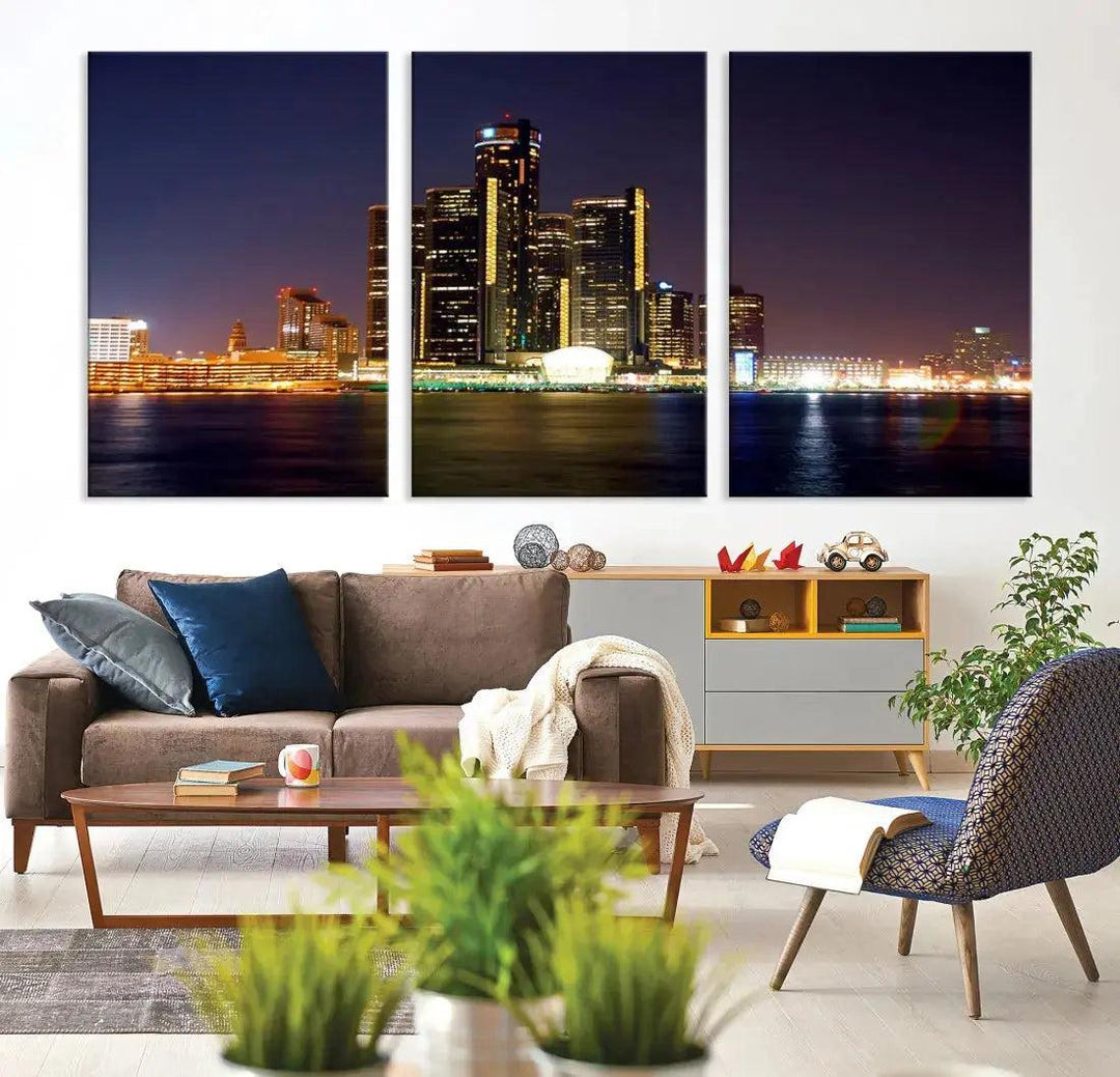 Detroit Skyscrapers Night City Lights Cityscape Wall Art Skyline Canvas Print