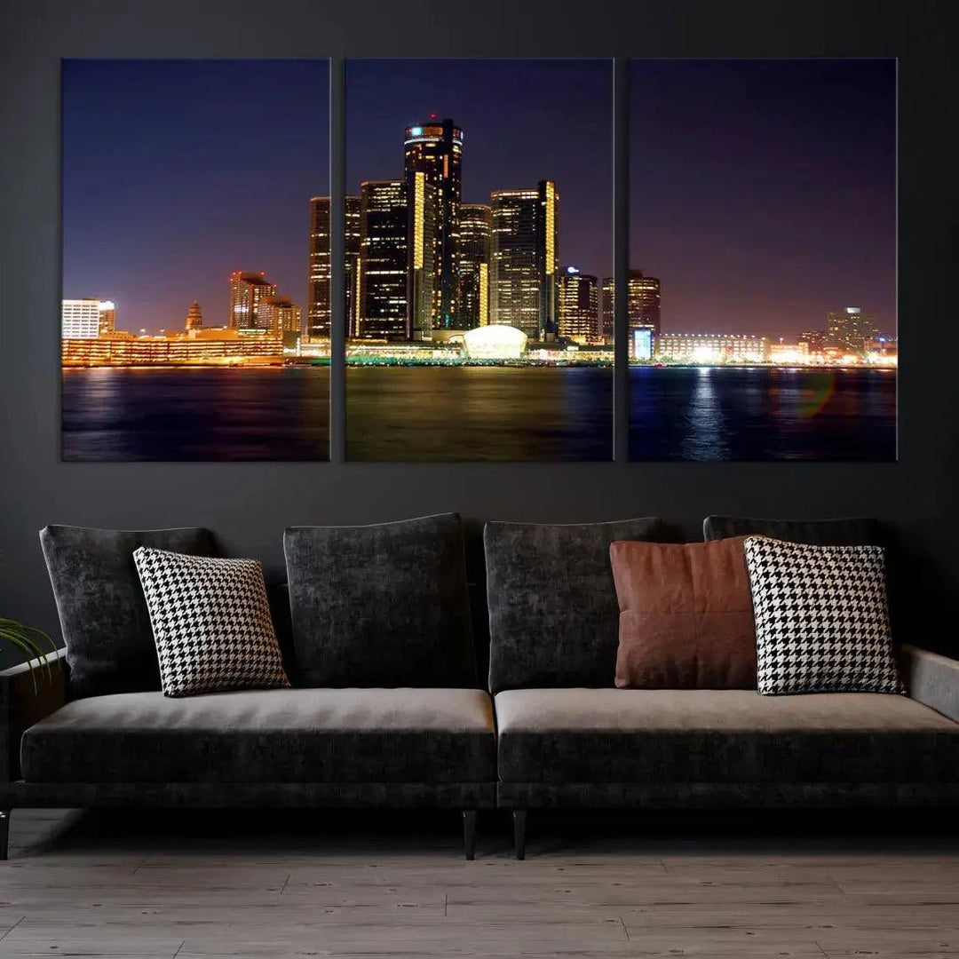 Detroit Skyscrapers Night City Lights Cityscape Wall Art Skyline Canvas Print