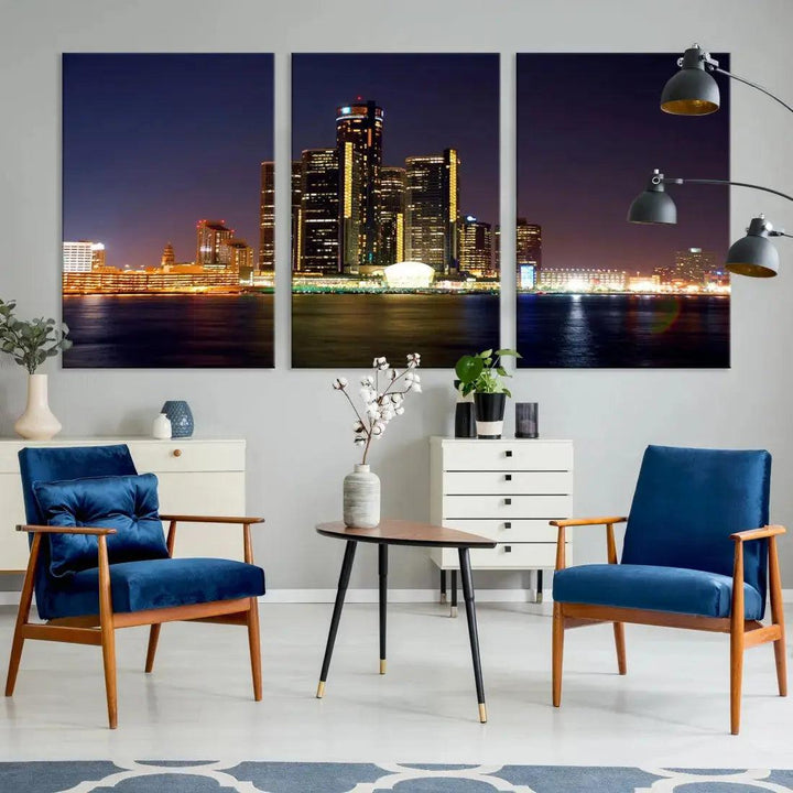 Detroit Skyscrapers Night City Lights Cityscape Wall Art Skyline Canvas Print