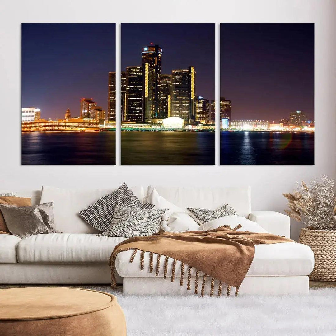 Detroit Skyscrapers Night City Lights Cityscape Wall Art Skyline Canvas Print