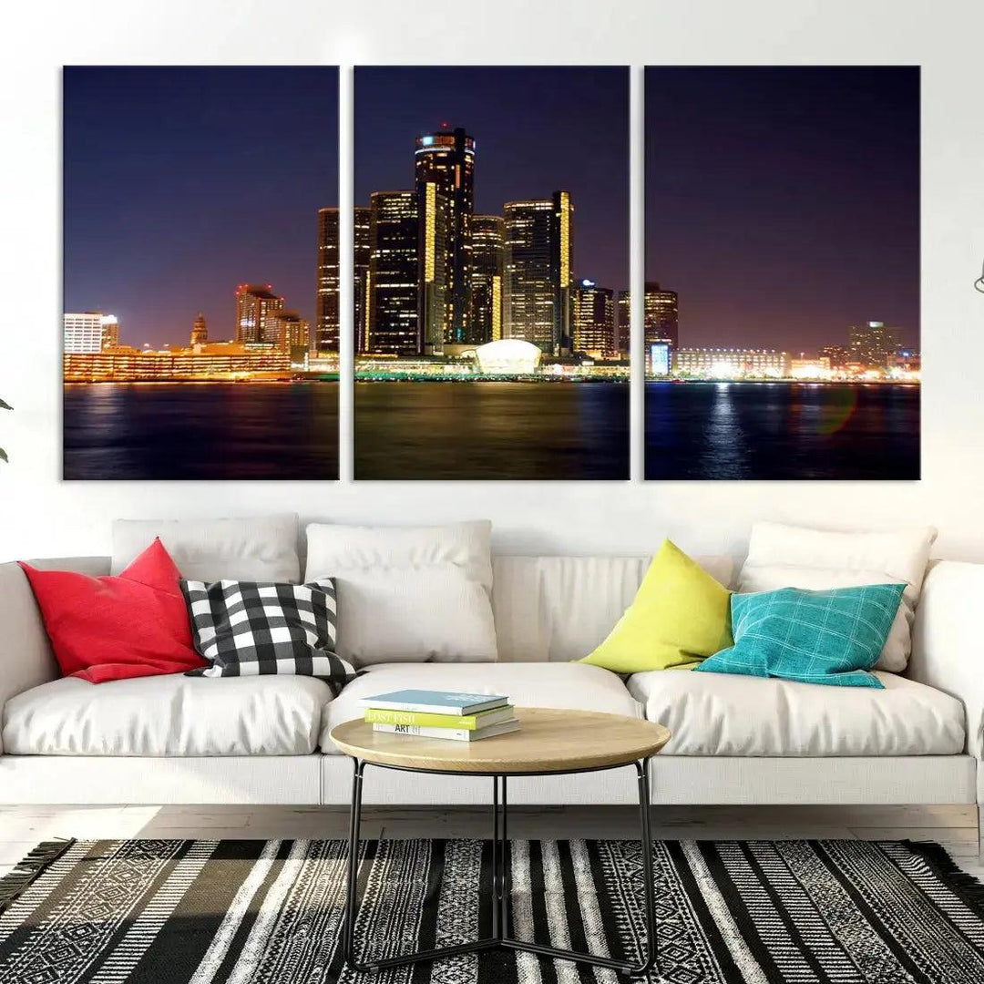 Detroit Skyscrapers Night City Lights Cityscape Wall Art Skyline Canvas Print