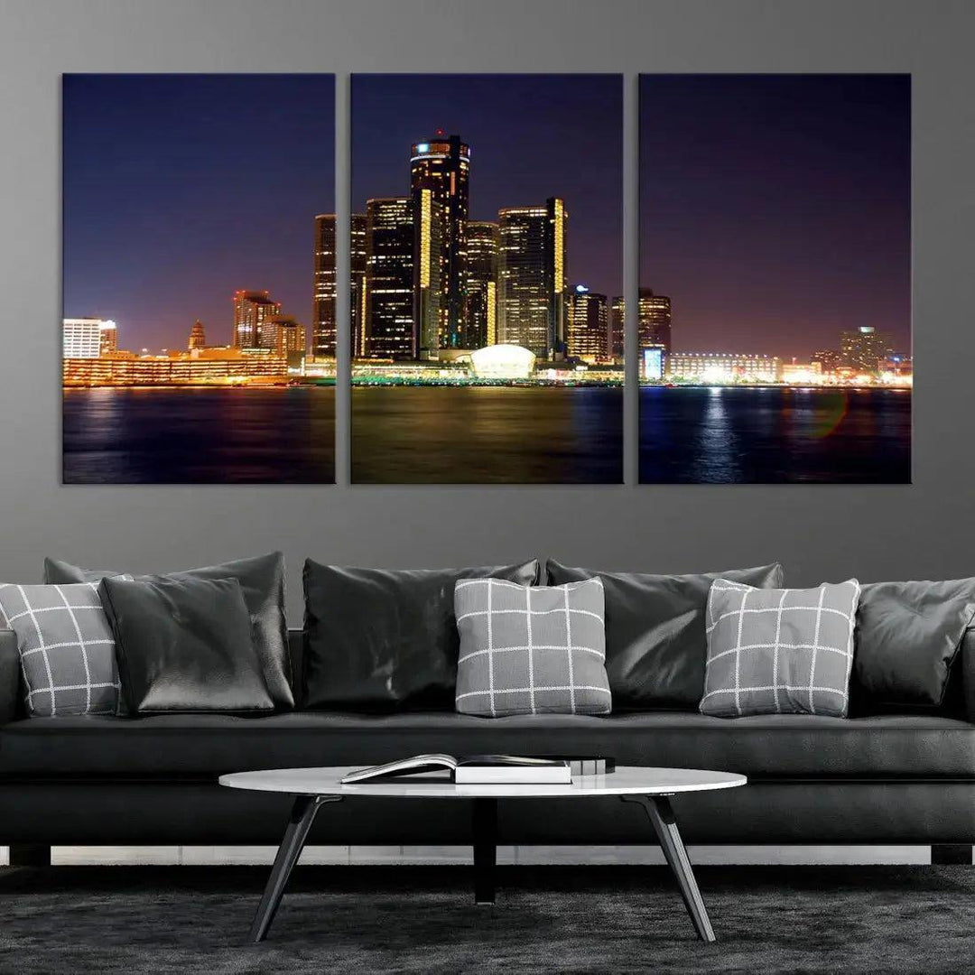 Detroit Skyscrapers Night City Lights Cityscape Wall Art Skyline Canvas Print