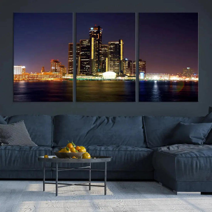 Detroit Skyscrapers Night City Lights Cityscape Wall Art Skyline Canvas Print